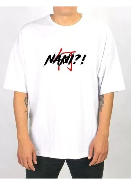 Unisex Bisiklet Yaka Baskılı Oversize T-Shirt - Beyaz