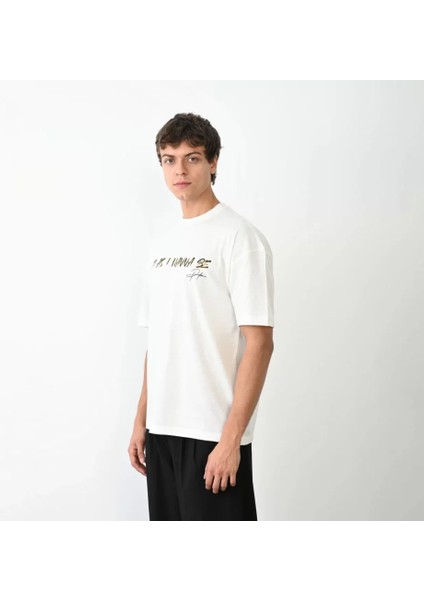 Unisex Bisiklet Yaka Baskılı Oversize T-Shirt - Beyaz fiyatları