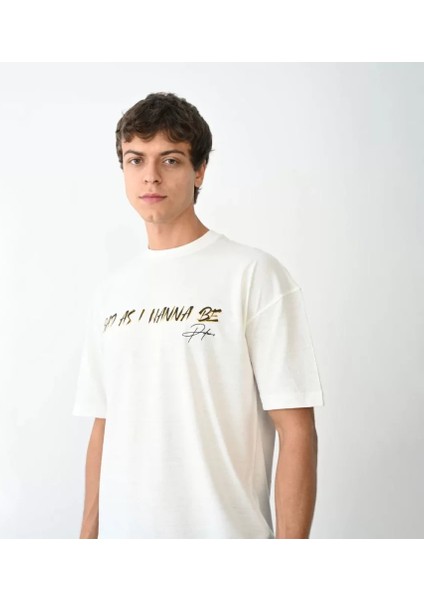 Unisex Bisiklet Yaka Baskılı Oversize T-Shirt - Beyaz modelleri