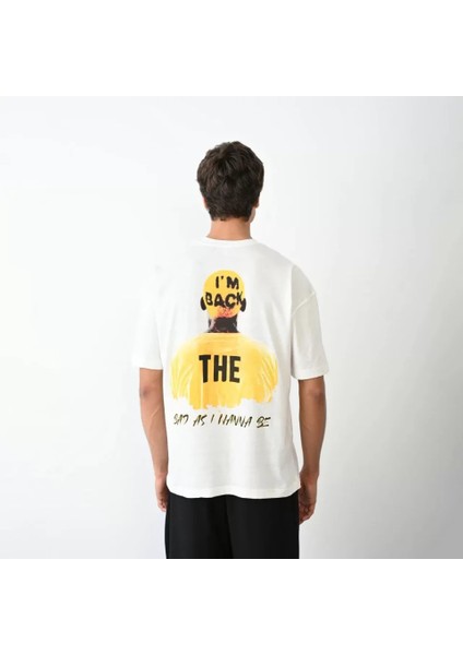 Unisex Bisiklet Yaka Baskılı Oversize T-Shirt - Beyaz fırsatları