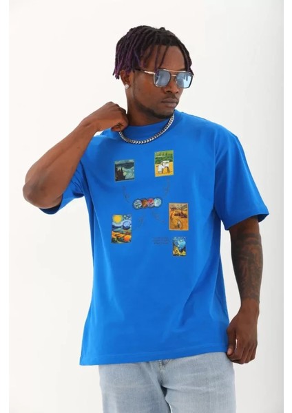 Unisex Oversize Baskılı Bisiklet Yaka T-Shirt - Mavi