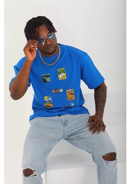 Unisex Oversize Baskılı Bisiklet Yaka T-Shirt - Mavi modelleri