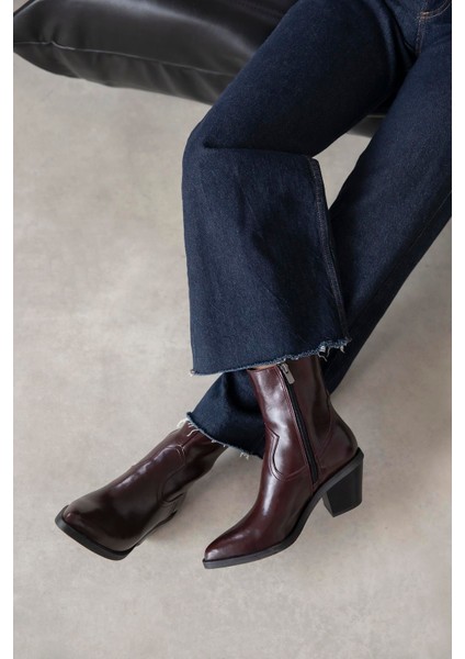 Jose Kadın Kırışık Deri Topuklu Bot Bordo