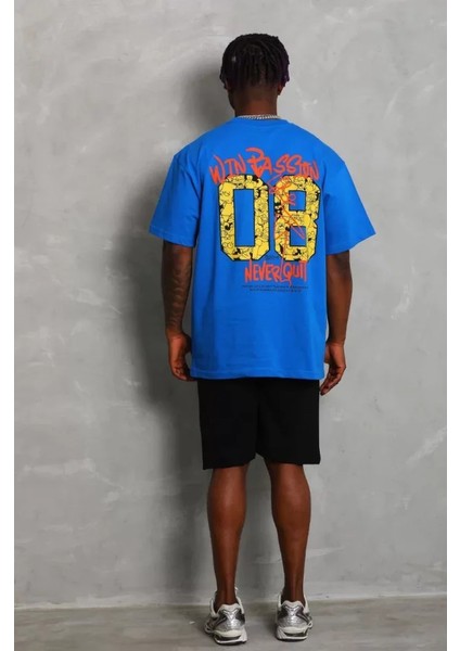 Unisex Oversize Baskılı Bisiklet Yaka T-Shirt - Mavi fiyatları