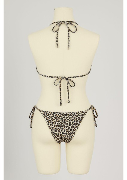 Kadın Siyah ve Leopar Detaylı Yandan Bağlamalı Bikini Takımı fiyatları