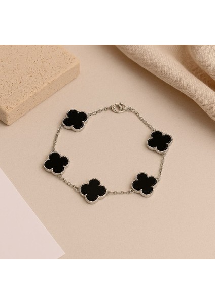 925 Ayar Gümüş Siyah Yonca Kadın Bileklik fiyatları