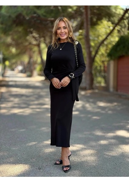 Kadın Uzun Kollu Bisiklet Yaka Yandan Bağlamalı Uzun Modal Elbise modelleri