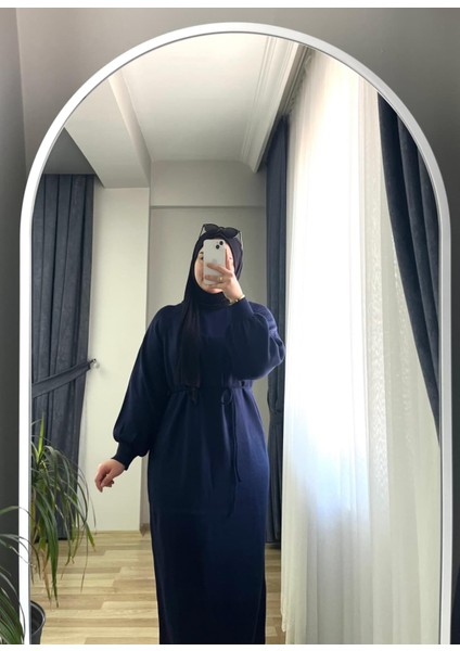 Triko Balon Kol Uzun Elbise Lacivert