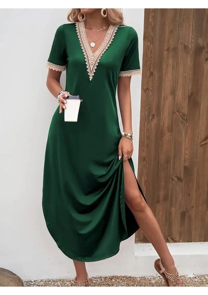 Kadın Kısa Kollu Dantel V Yakalı Uzun Viskon Elbise modelleri