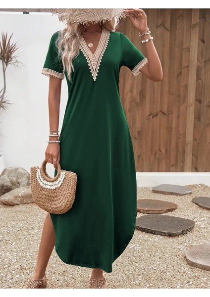 Kadın Kısa Kollu Dantel V Yakalı Uzun Viskon Elbise fırsatları