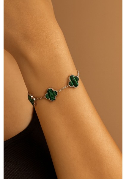 925 Ayar Gümüş Yeşil Yonca Kadın Bileklik