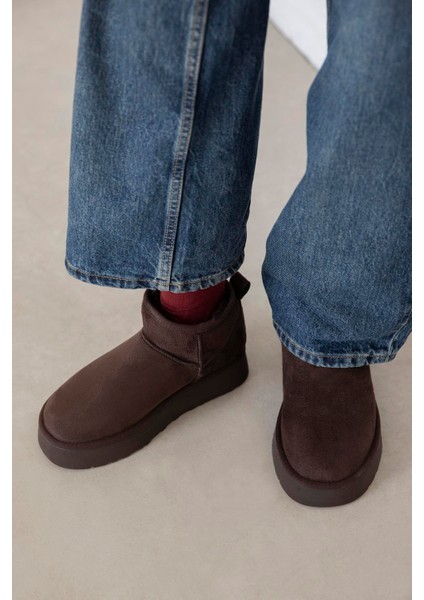 Tommo Kadın Içi Tüylü Kalın Taban Süet Yarım Bot Kahve