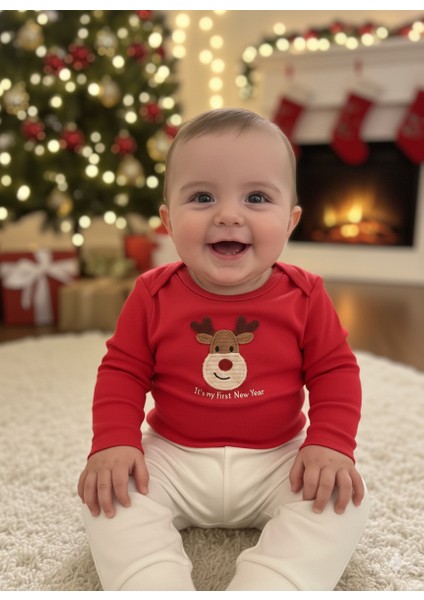 Yılbaşı Temalı Kırmızı Geyik Desenli Bebek Tulum Ilk Yeni Yıl Kıyafeti Kostüm 2’li Bebek Seti