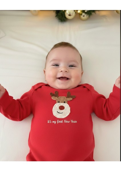 Yılbaşı Temalı Kırmızı Geyik Desenli Bebek Tulum Ilk Yeni Yıl Kıyafeti Kostüm 2’li Bebek Seti modelleri