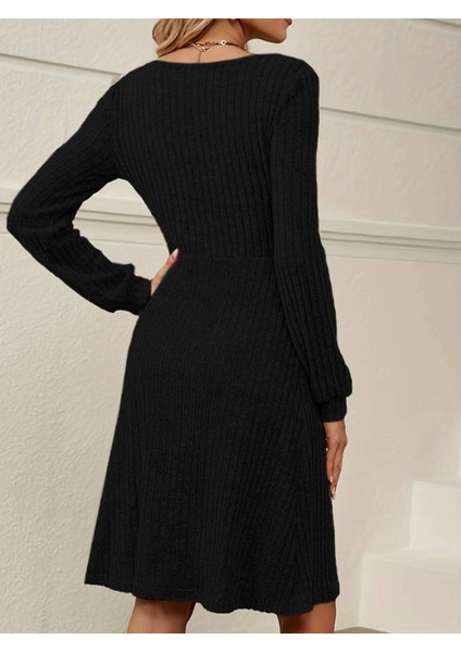 Kadın Uzun Kollu Kare Yaka Düğmeli Kısa Şardonlu Iki Iplik Mini Elbise modelleri