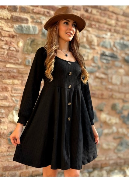 Kadın Uzun Kollu Kare Yaka Düğmeli Kısa Şardonlu Iki Iplik Mini Elbise fırsatları