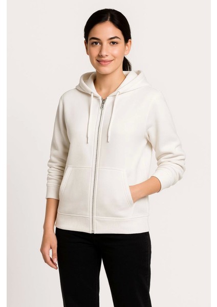Üç Iplik Kapüşonlu Tam Fermuarlı Kanguru Çepli Sweatshirt Hoodie - Beyaz fiyatları