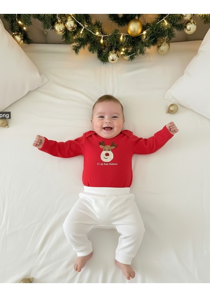 Yılbaşı Temalı Kırmızı Geyik Desenli Bebek Tulum Ilk Yeni Yıl Kıyafeti Kostüm 2’li Bebek Seti indirimleri