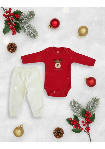 Yılbaşı Temalı Kırmızı Geyik Desenli Bebek Tulum Ilk Yeni Yıl Kıyafeti Kostüm 2’li Bebek Seti