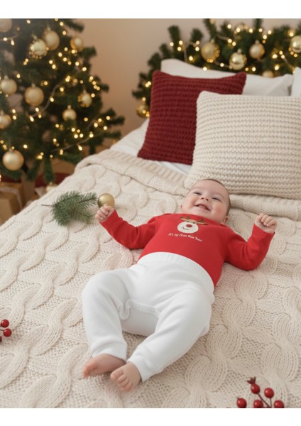 Yılbaşı Temalı Kırmızı Geyik Desenli Bebek Tulum Ilk Yeni Yıl Kıyafeti Kostüm 2’li Bebek Seti