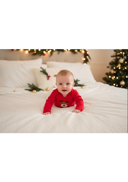 Yılbaşı Temalı Kırmızı Geyik Desenli Bebek Tulum Ilk Yeni Yıl Kıyafeti Kostüm 2’li Bebek Seti