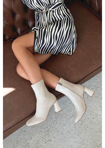 Beck Kadın Küt Kalıp Streç Deri Bot Bej