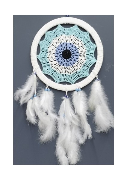 Su Yeşili Renginde Nazar Motifli Kuş Tüylü Duvar Süsü