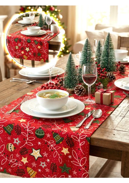 Premium Runner Yılbaşı Özel Kırmızı - Yeni Yıl Temalı Kar Tanesi ve Yıldız Desenli Dekoratif Runner