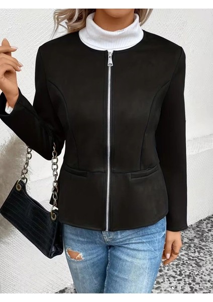 Kadın Uzun Kollu Yuvarlak Yaka Önden Fermuarlı Süet Ceket modelleri