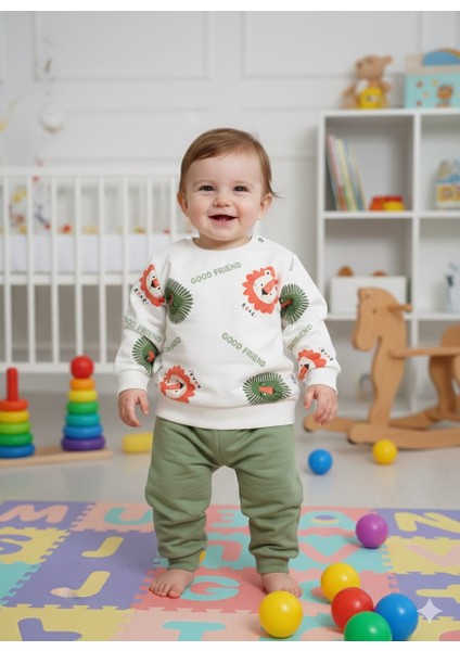 Orman Serisi Aslan Baskılı Pamuklu Bebek Sweatshirt ve Alt Takımı