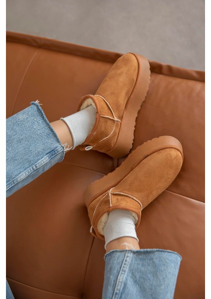 Novi Kadın Içi Tüylü Kalın Taban Süet Yarım Bot Taba