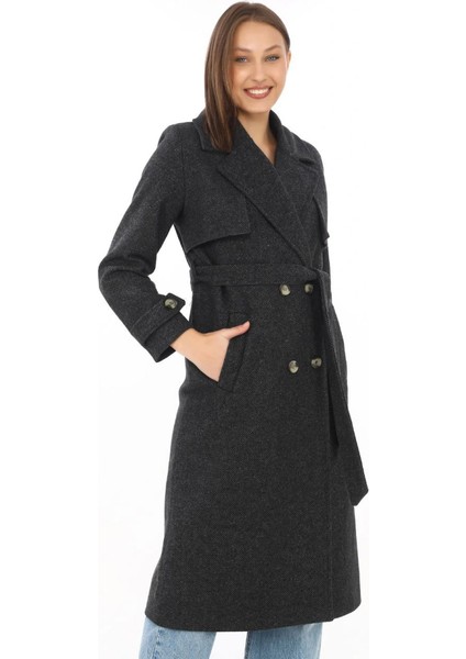 Premium Kaşe Kaban Uzun Boy, Balık Sırtı Yünlü Kaşmir Dokuma, Kruvaze Kuşaklı Astarlı - Si