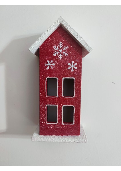 Elaca Ahşap Kırmızı Dekoratif Mini Ev – Kış Temalı, Kar Desenli, Yılbaşı Noel Süsü, , LED Mumla Aydınlatılan Masa ve Duvar Dekoru