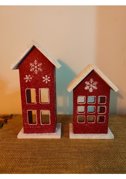 Elaca Ahşap Kırmızı Dekoratif Mini Ev – Kış Temalı, Kar Desenli, Yılbaşı Noel Süsü, , LED Mumla Aydınlatılan Masa ve Duvar Dekoru fırsatları