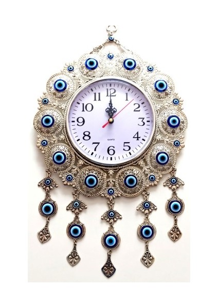 Nazar Boncuklu Gümüş Kaplama Solmaz Kararmaz Duvar Saati