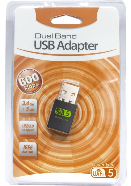 600 Mbps Dual Band Mini USB Wifi Adaptör – 2.4 Ghz + 5 Ghz, USB 2.0, Wifi 5, Driver Free