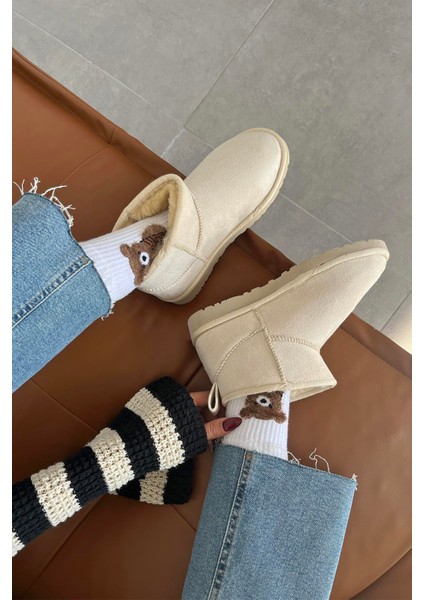 Asia Kadın Içi Tüylü Kalın Taban Süet Yarım Bot Bej