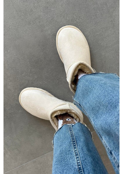 Asia Kadın Içi Tüylü Kalın Taban Süet Yarım Bot Bej fiyatları