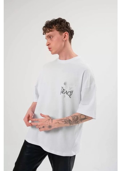 Unisex Bisiklet Yaka Baskılı Oversize T-Shirt - Beyaz fiyatları