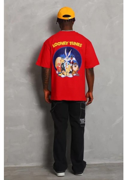 Unisex Oversize Baskılı Bisiklet Yaka T-Shirt - Kırmızı fırsatları