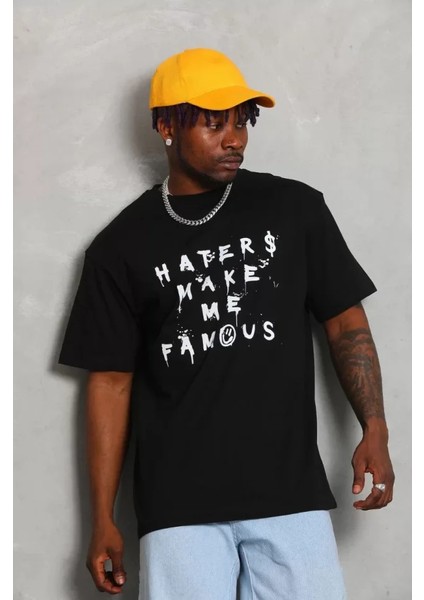 Unisex Oversize Baskılı Bisiklet Yaka T-Shirt - Siyah