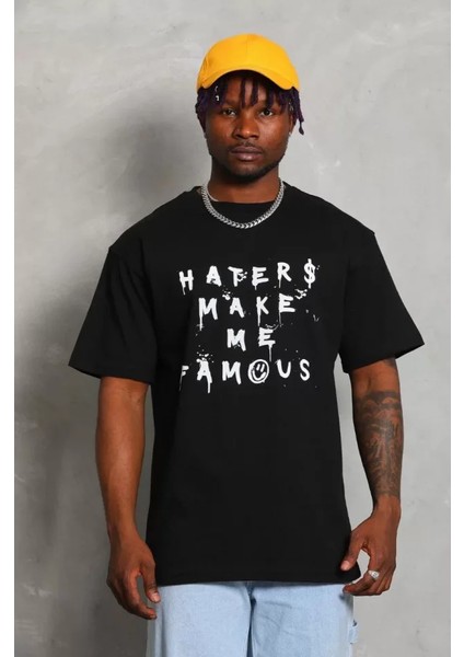 Unisex Oversize Baskılı Bisiklet Yaka T-Shirt - Siyah fiyatları