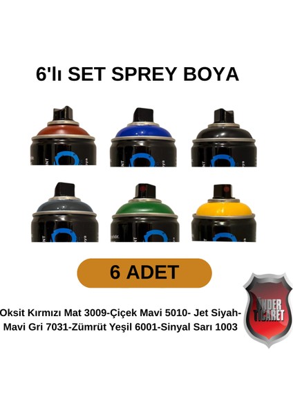 Akrilik Sprey Boya 400 ml 6 Adet – Metal, Plastik, Ahşap Cam ve Oto Yüzeylere Uygun Renkler