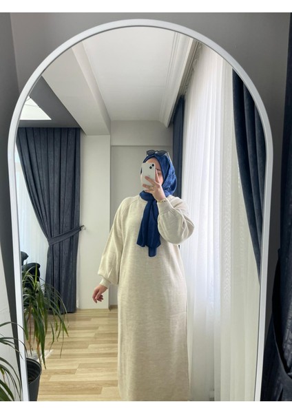 Triko Balon Kol Uzun Elbise Krem