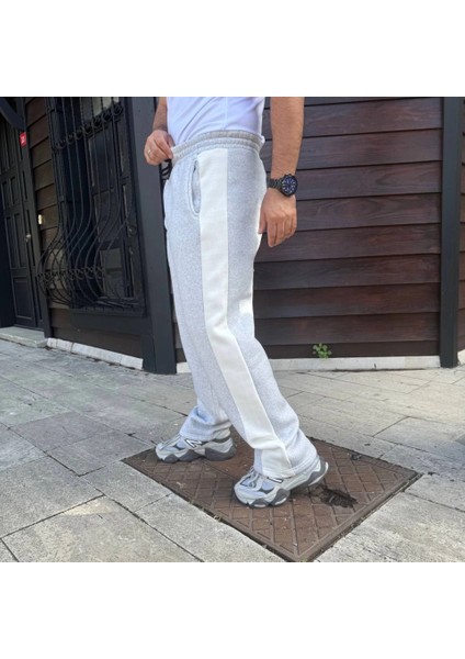 Erkek Üç Iplik Kışlık Pamuklu Yandan Garneli Kalın Bej Şeritli Cepli Eşofman Altı - Gri modelleri