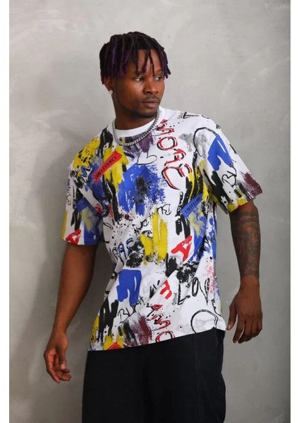 Unisex Oversize Baskılı Bisiklet Yaka T-Shirt - Beyaz modelleri