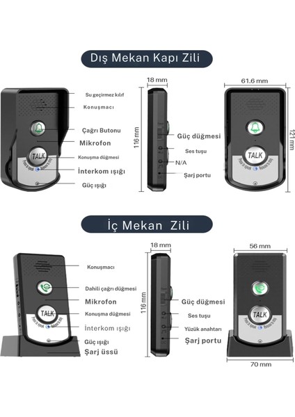 Diyafon Kapı Zili Interkom Audio Kablosuz Konuşmalı Uzun Menzilli Iki Yönlü Telsiz Zil