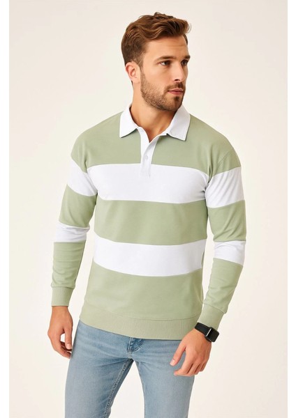 Erkek Polo Yaka Uzun Kollu Çizgili Sweatshirt Trend Rugby Stil - Mint Yeşili