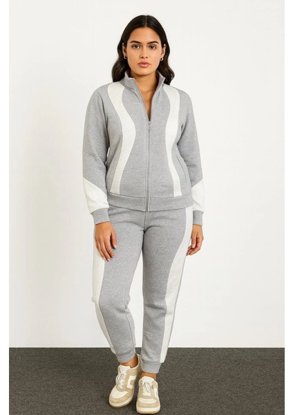 Premium Parçalı Eşofman Takım - Dik Yaka Fermuarlı Sweatshirt - Gri fırsatları