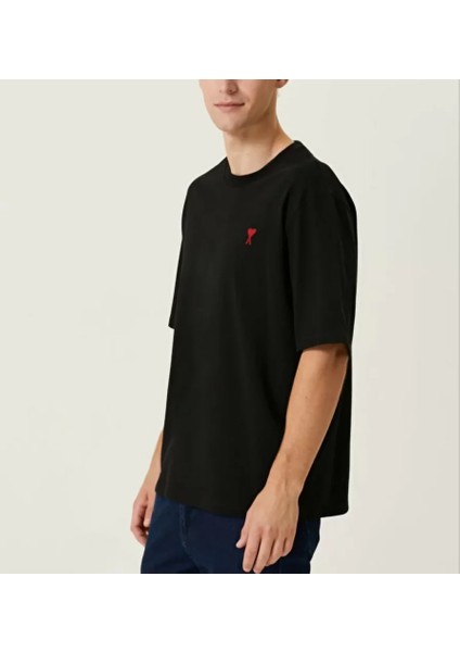 Unisex Bisiklet Yaka Baskılı Oversize T-Shirt - Siyah fiyatları